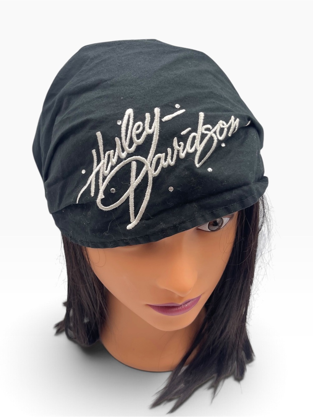 Harley Davidson Rhinestone Script Headwrap Black Biker Bandana Doo Rag OS